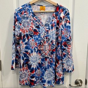 Ruby Rd.  M Red White Blue Print Top Stretch 3/4 Slv Split V Spring Summer BOHO